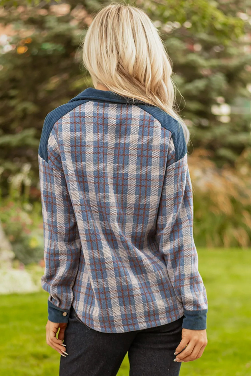 Trendsi Plaid Corduroy Patchwork Collared Zip Up Snap Button Jacket -