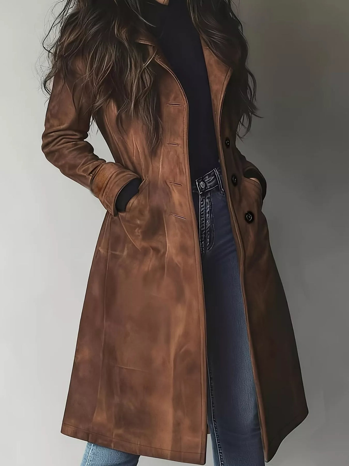 Collared long sleeve jacket, front view on model