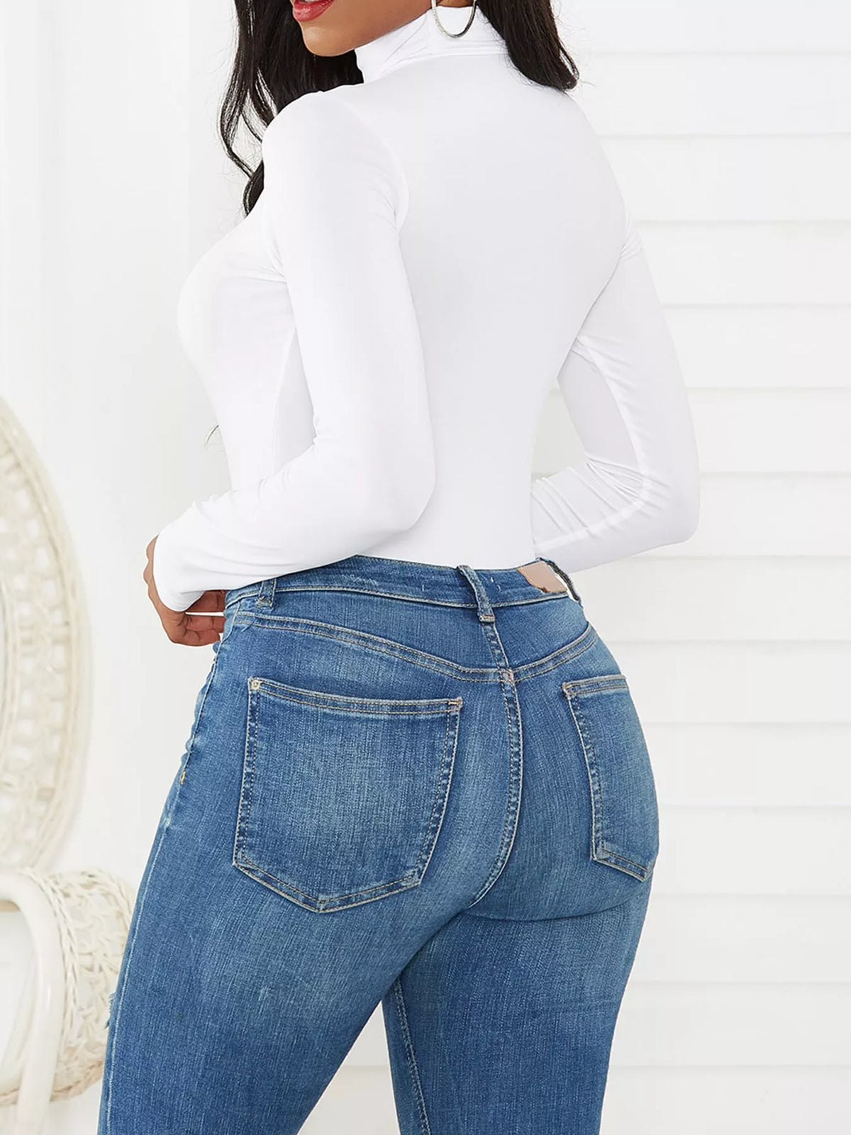 Long Sleeve Turtleneck Slim-Fit Bodysuit, back view in white