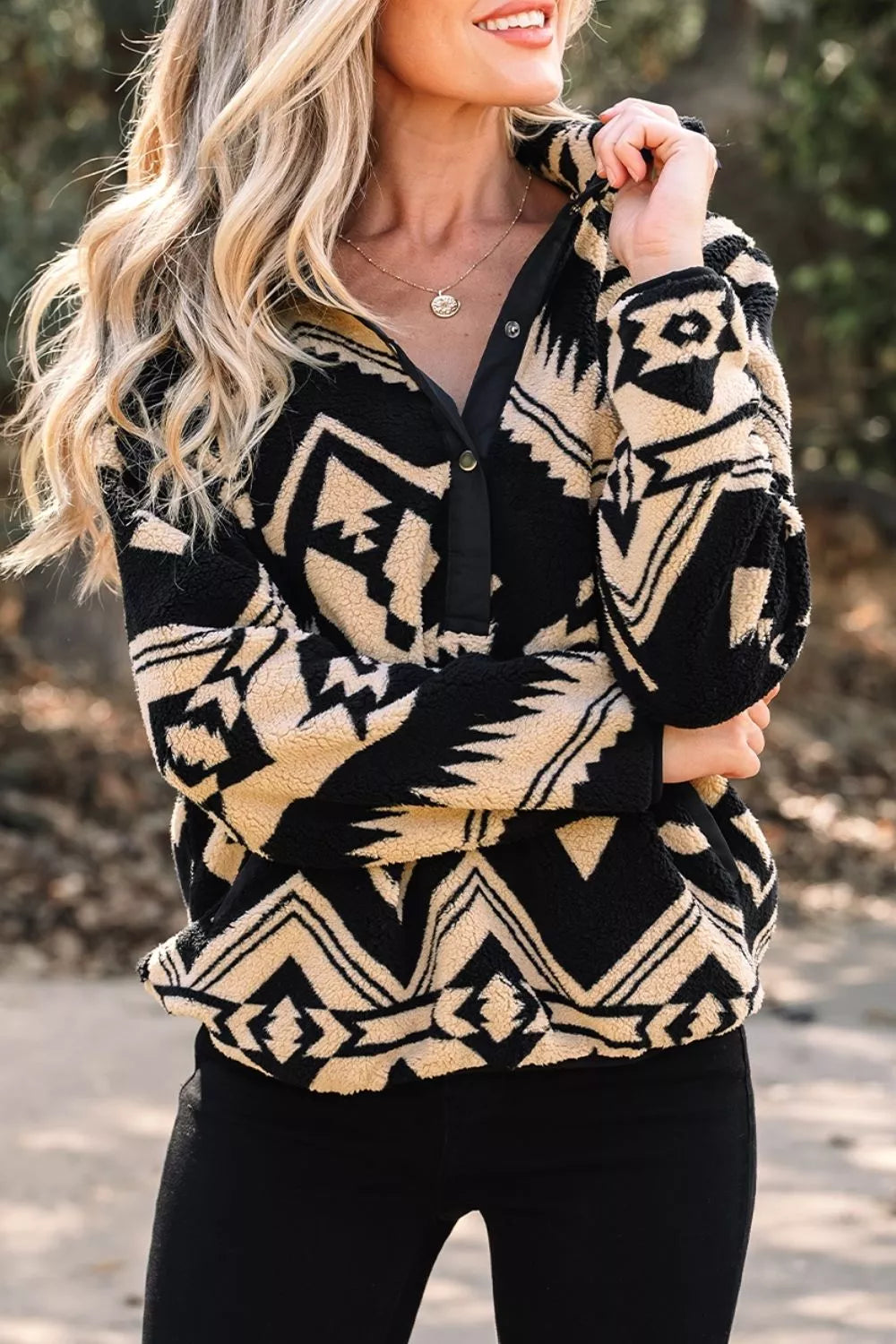 Trendsi Aztec Print Fleece Snap Down Sweatshirt - Shirts