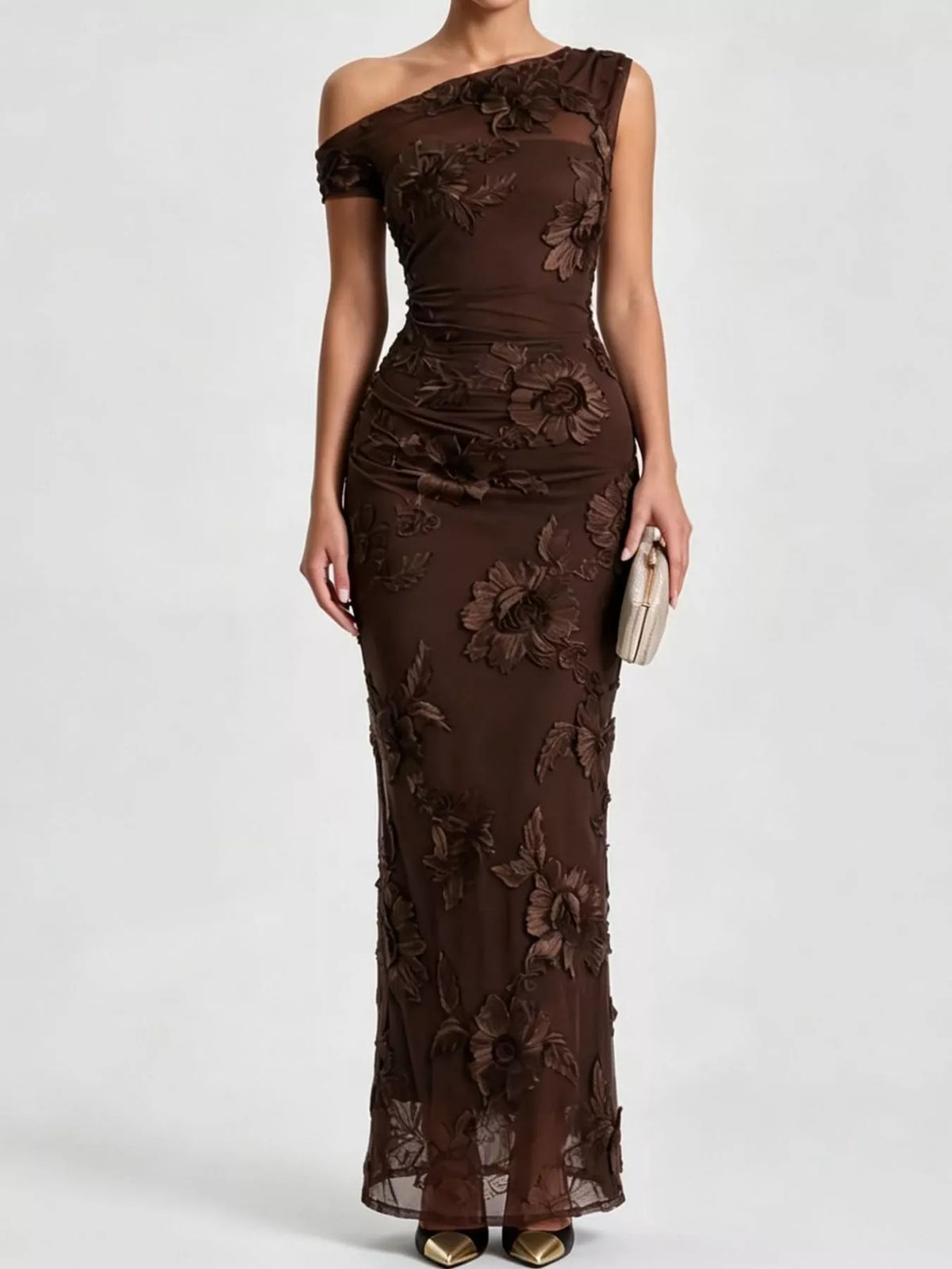 Brown floral one-shoulder maxi dress, front view
