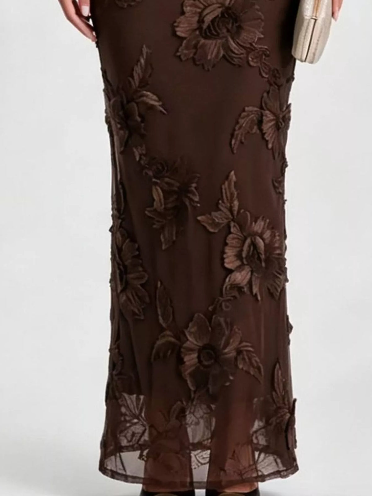 Brown floral one-shoulder maxi dress, sheer hem detail
