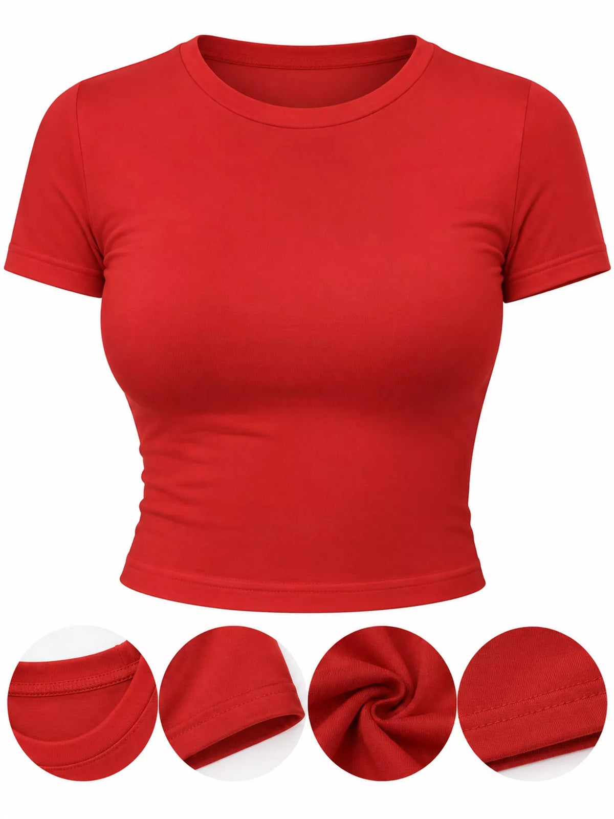 Red crew neck crop T-shirt, fabric and neckline detail collage
