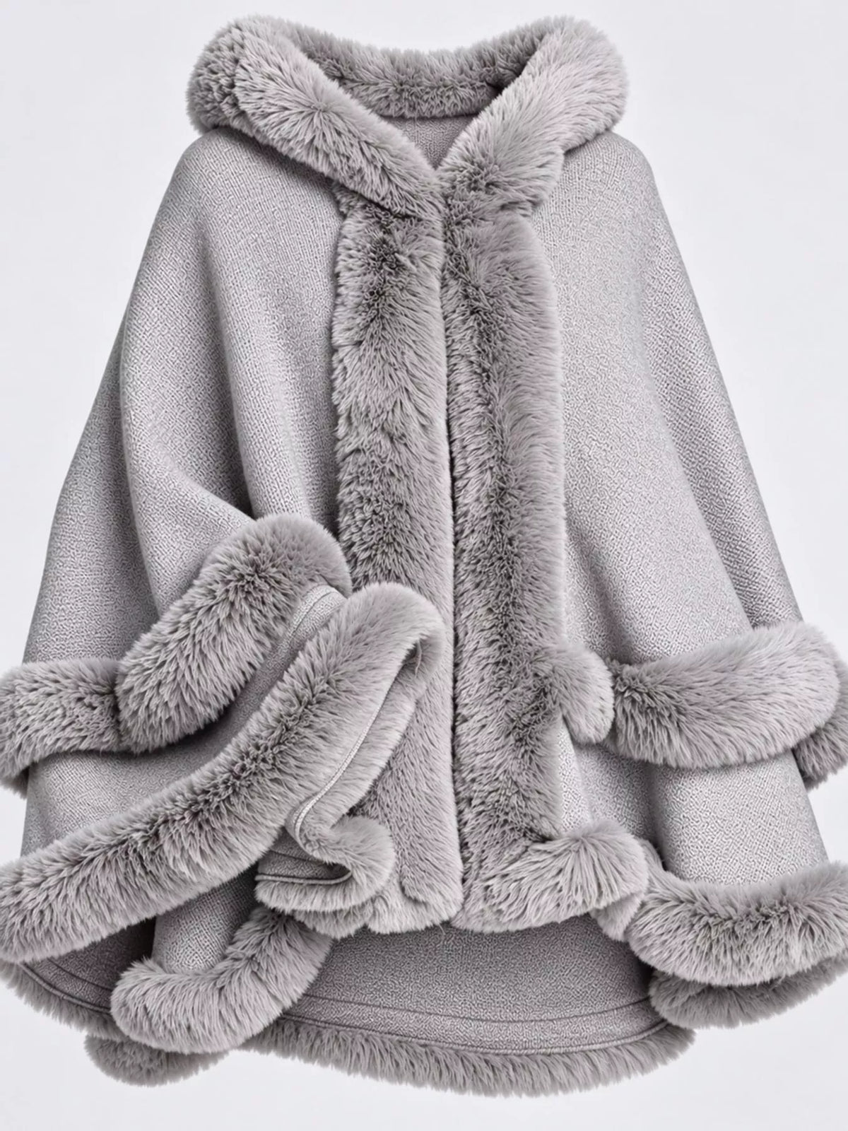 Faux-fur-trim cape, light gray trim detail