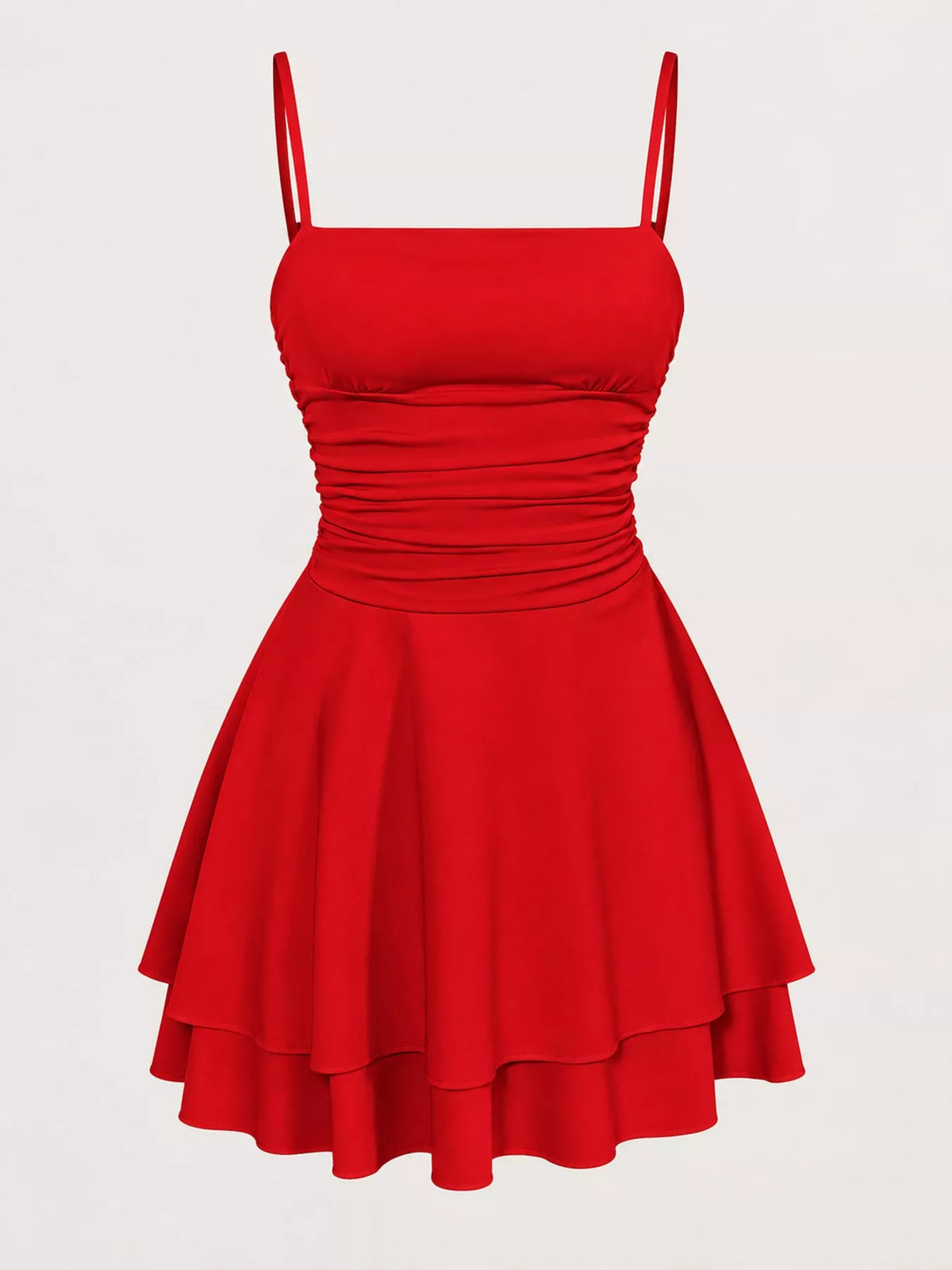 Red ruched spaghetti strap layered mini dress, front product view