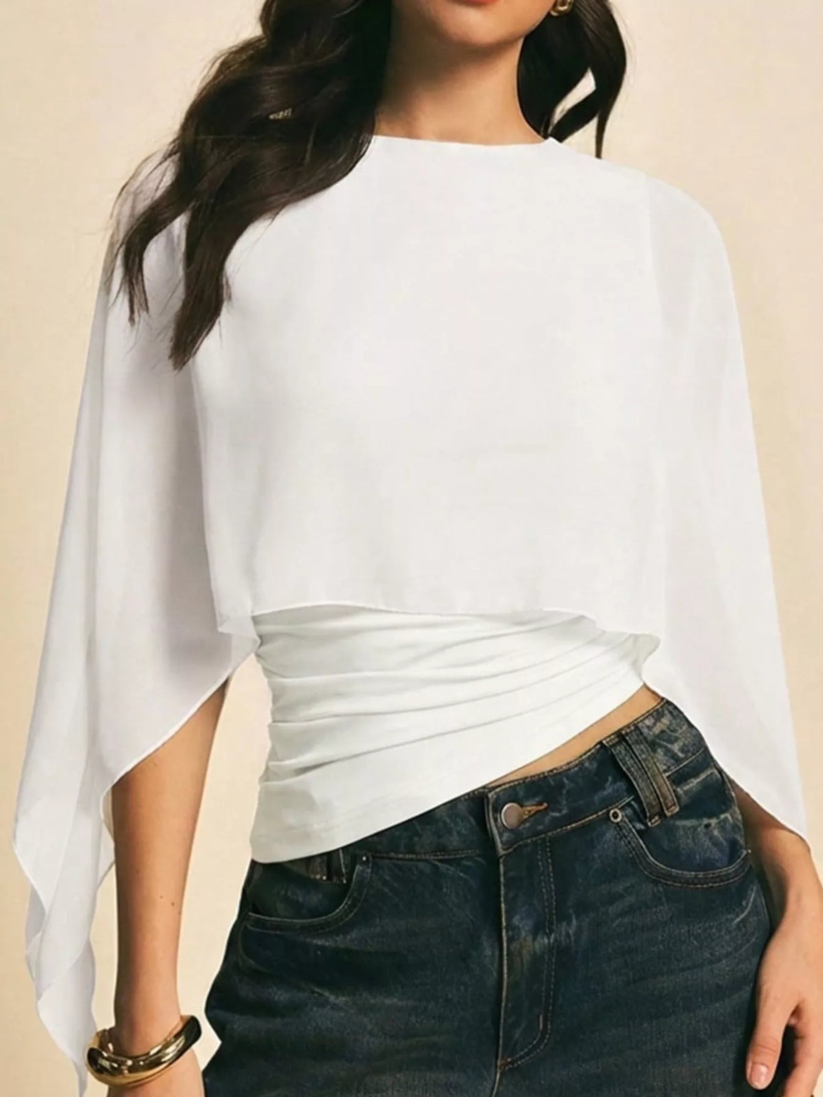 White cape sleeve round neck blouse