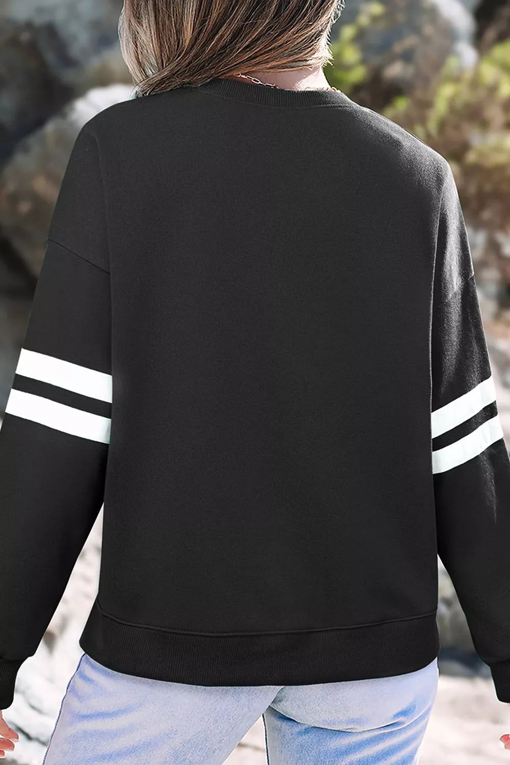 Black rhinestone mallard striped-sleeve sweatshirt, back view