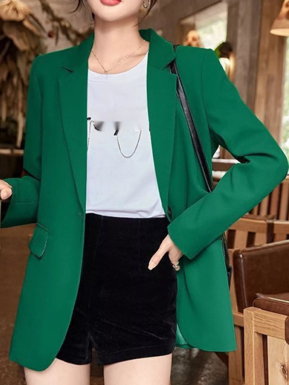 Collared long sleeve blazer, front view on model