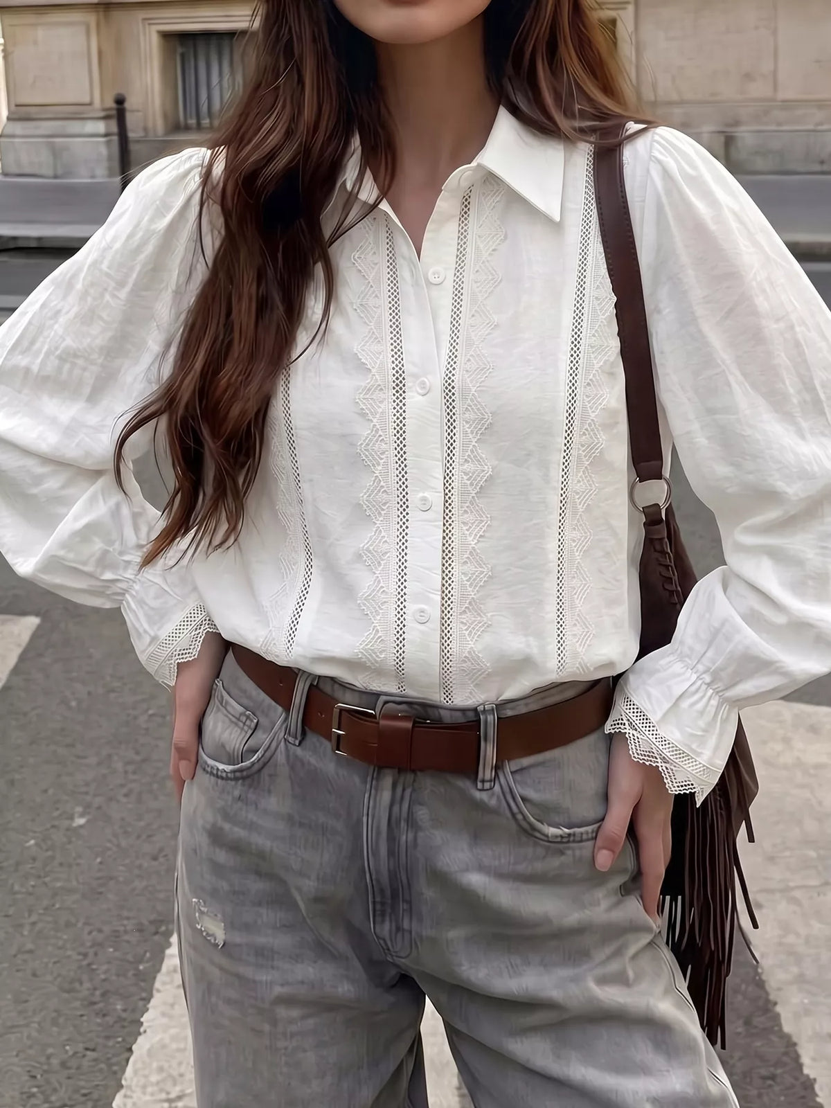 White lace-trimmed button-down shirt, button placket view