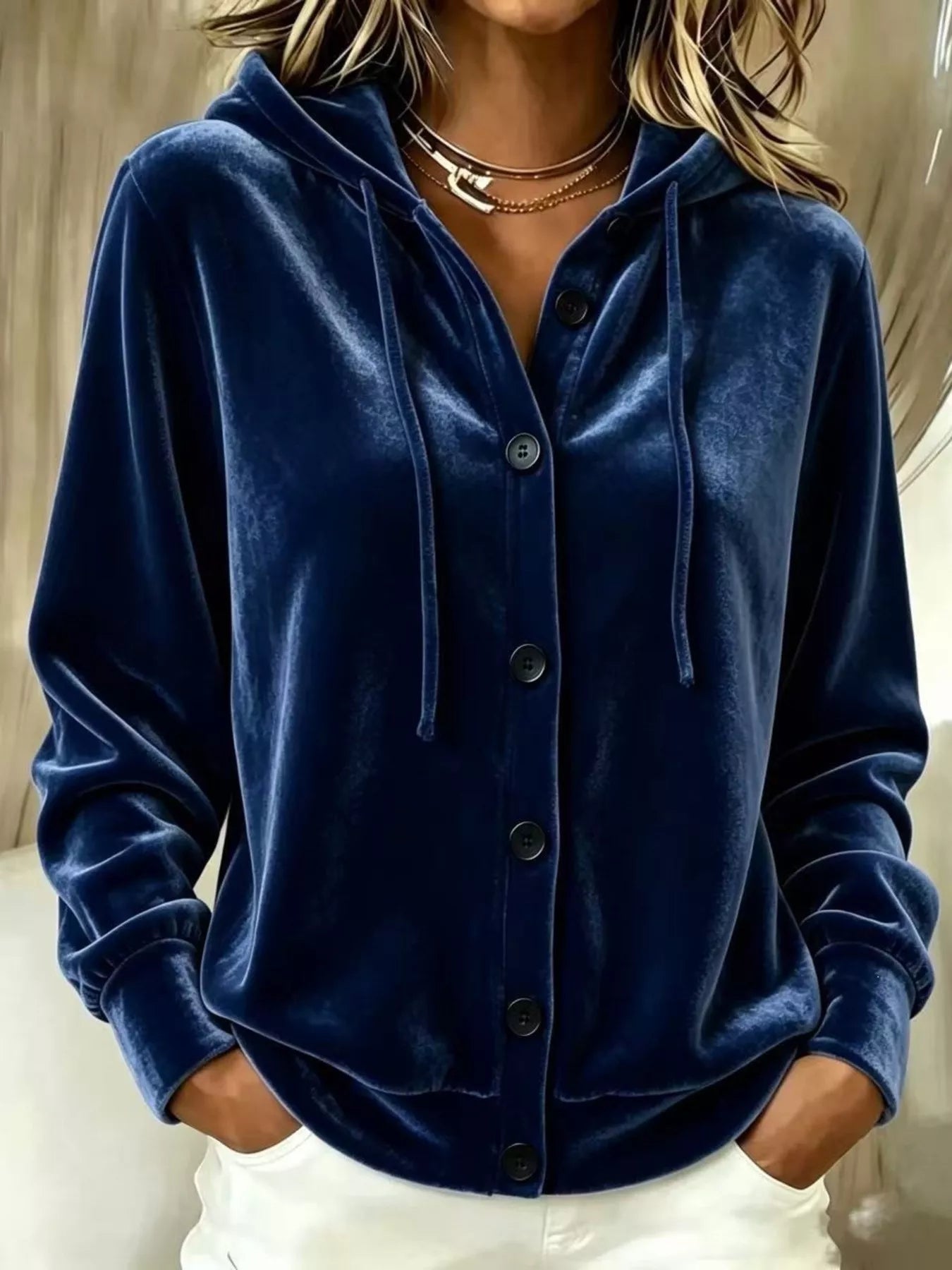 Trendsi Full Size Velvet Button-Down Hooded Outerwear Plus Size -