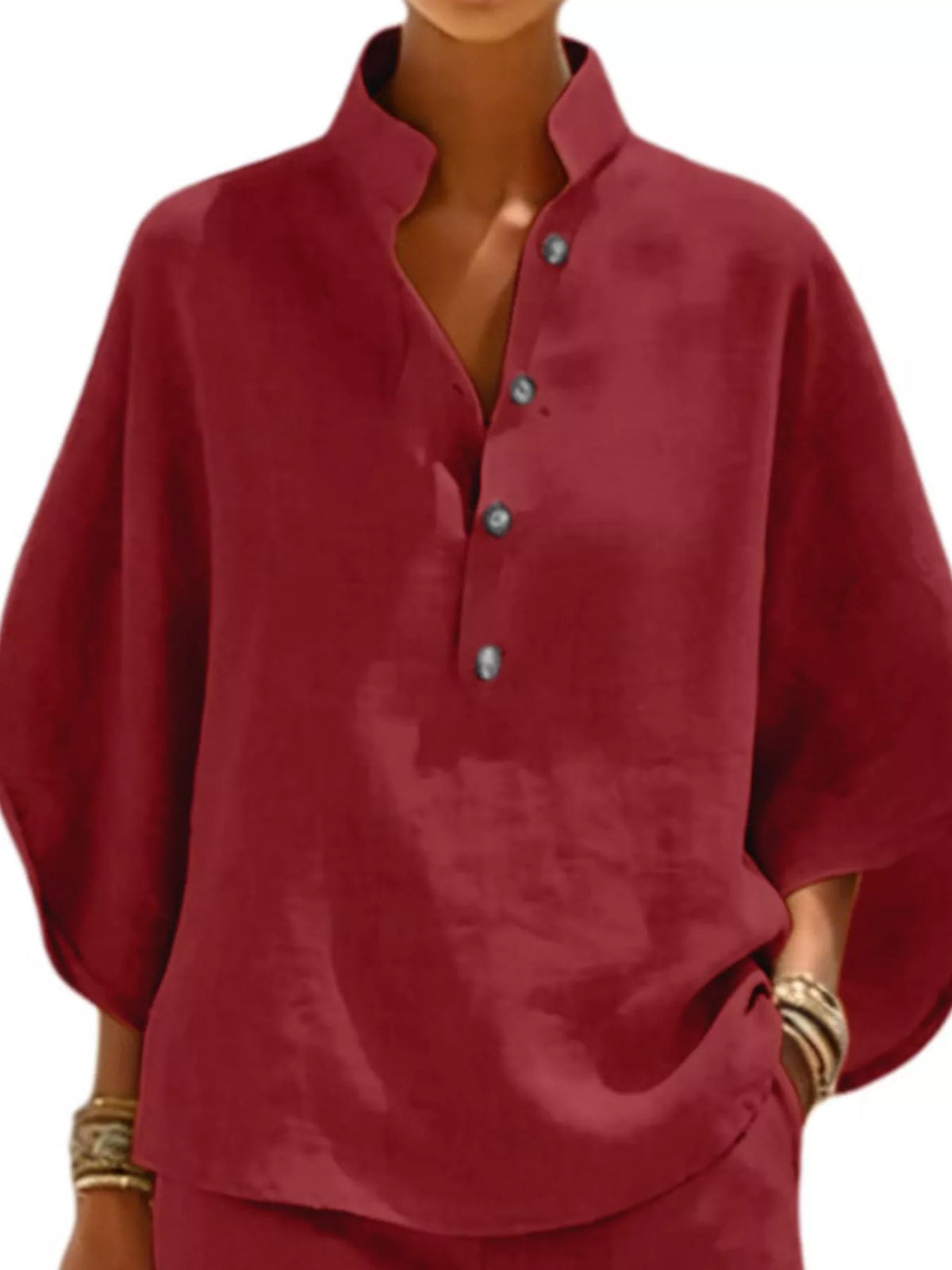 Button Detail Loose Fit Top and Shorts Set in burgundy, top detail