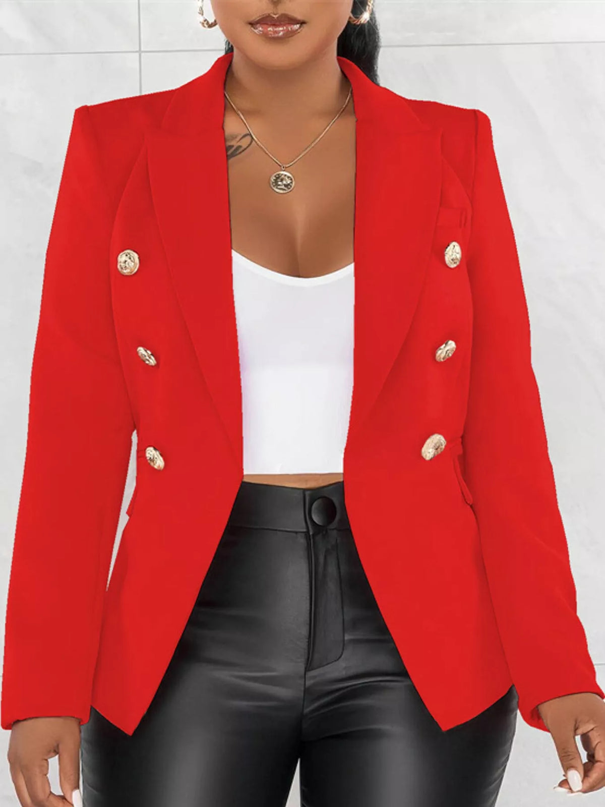 Collared long sleeve blazer, front view on model