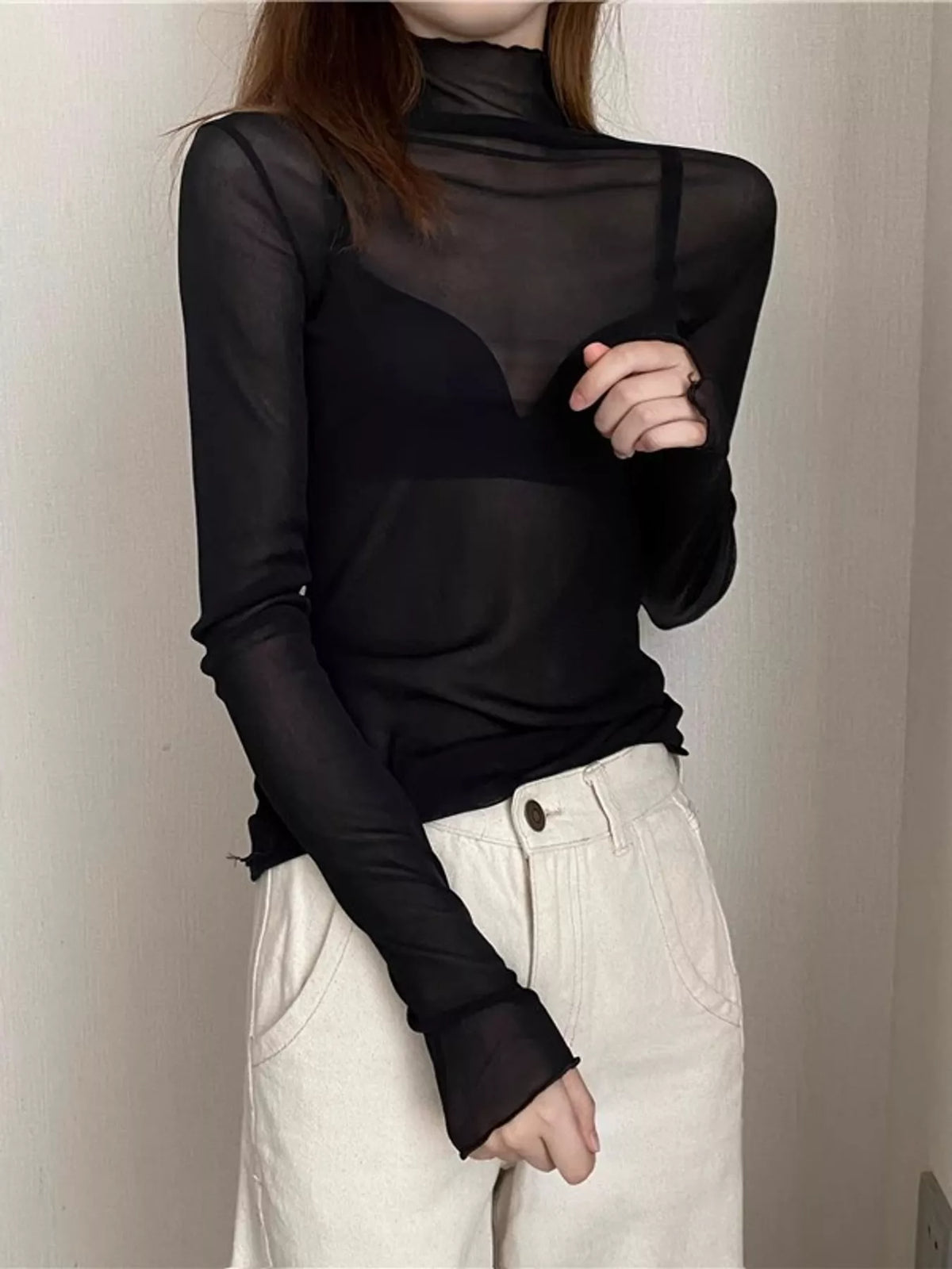 Black sheer turtleneck mesh t-shirt