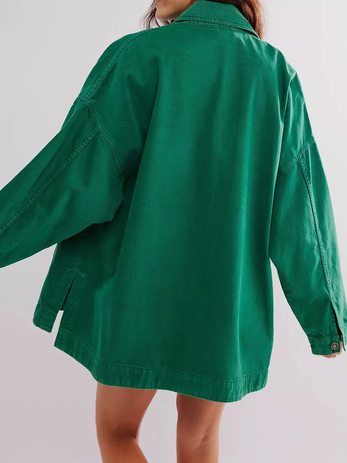 Green button up long sleeve denim jacket, back view