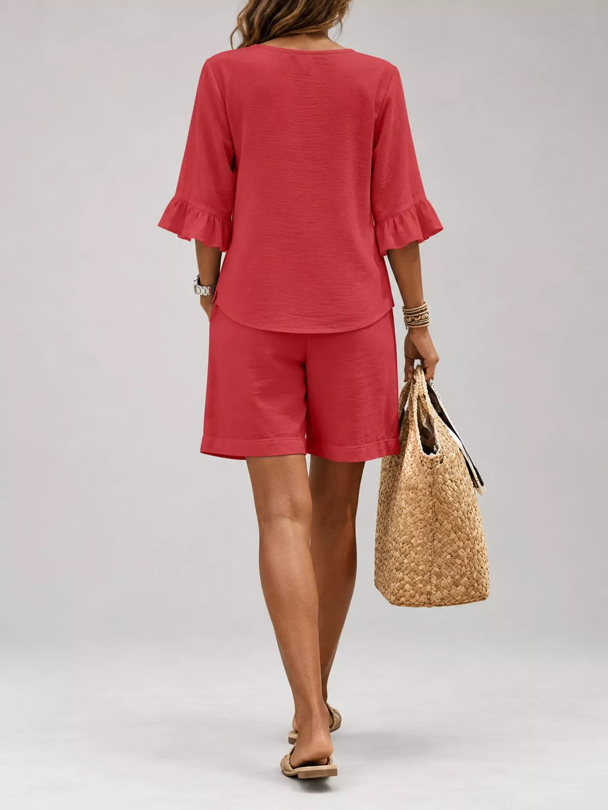 Decorative Button Blouse and Shorts Set, back view in red