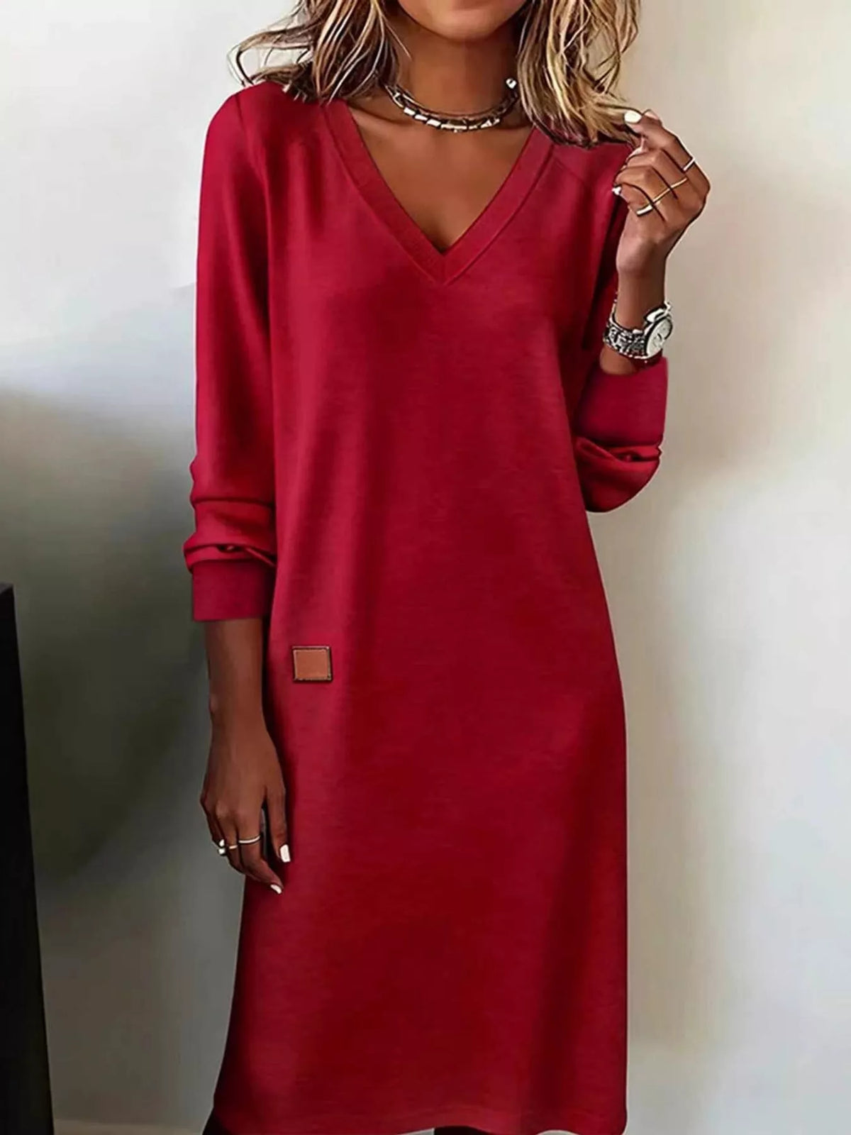 Women's V-Neck Long Sleeve Midi Dress in red — front view