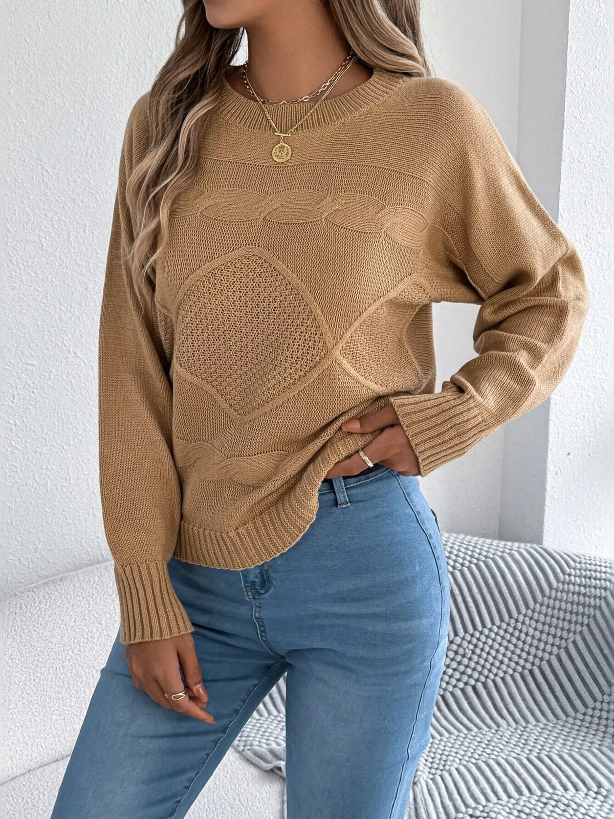 Khaki Color cable knit crew neck sweater