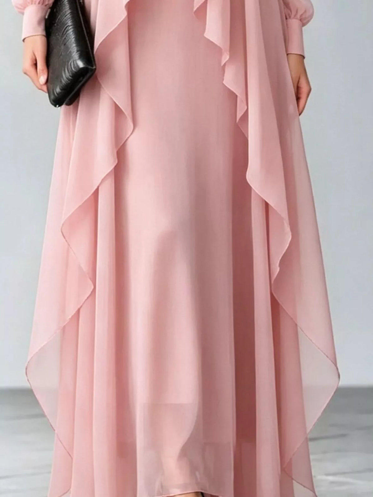 Sheer Sleeve Chiffon Layered Maxi Dress, detail view in pink