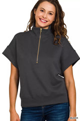 Trendsi Zenana Full Size Scuba High Neck Half Zip Short Sleeve Top Plus Size -