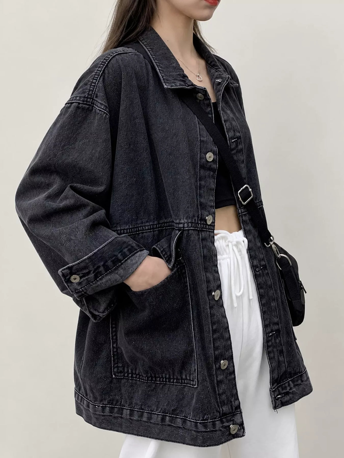Charcoal washed denim utility jacket, side view