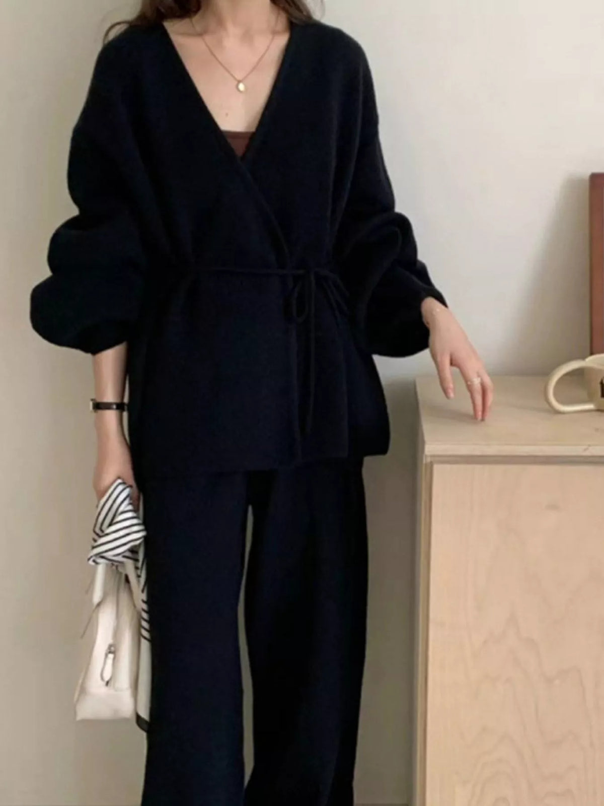 V-Neck Tied Wrap Cardigan and Wide-Leg Pants Sweater Set — front view
