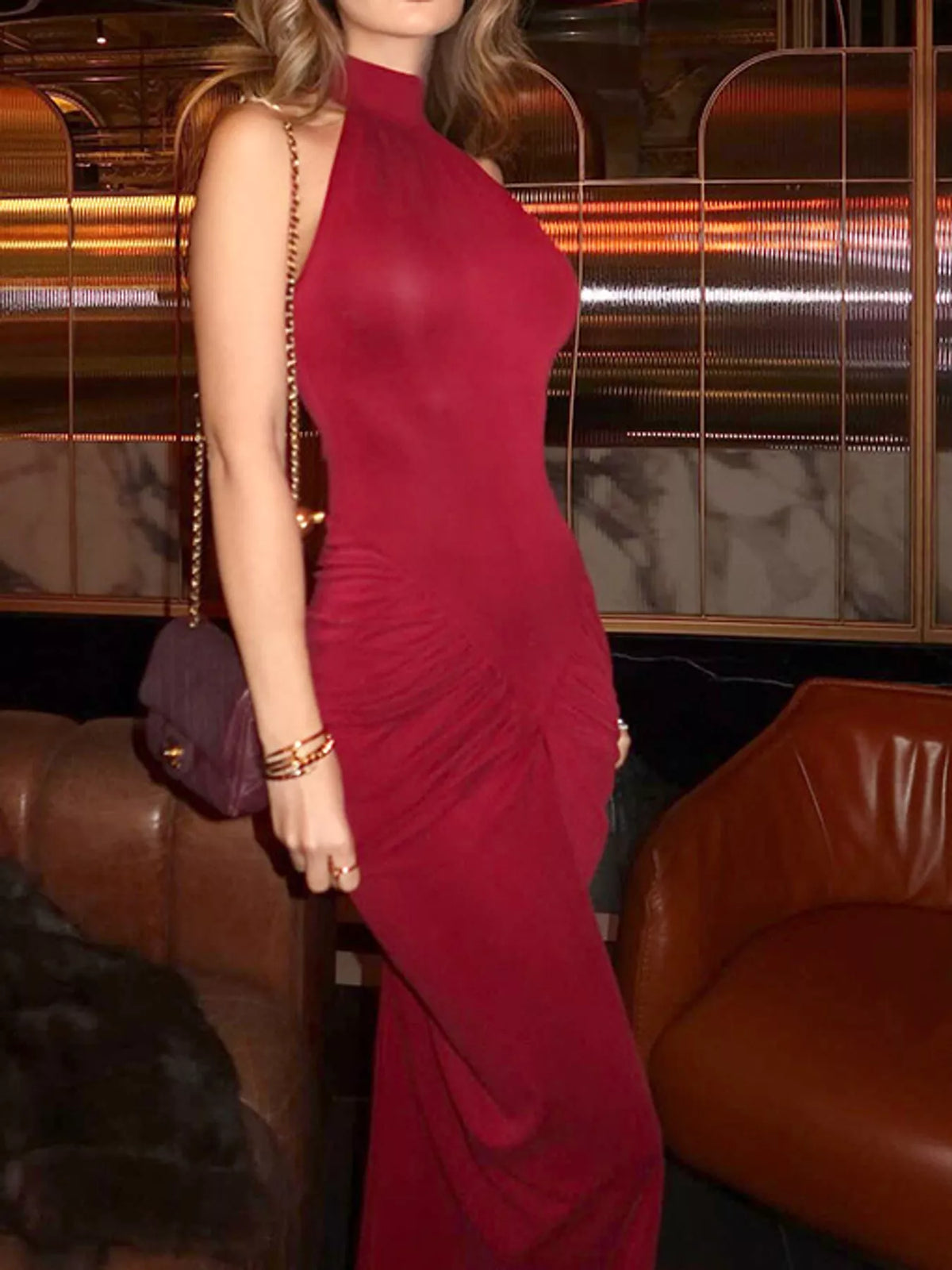 Ruched Halter Neck Slit Maxi Dress — garment construction details