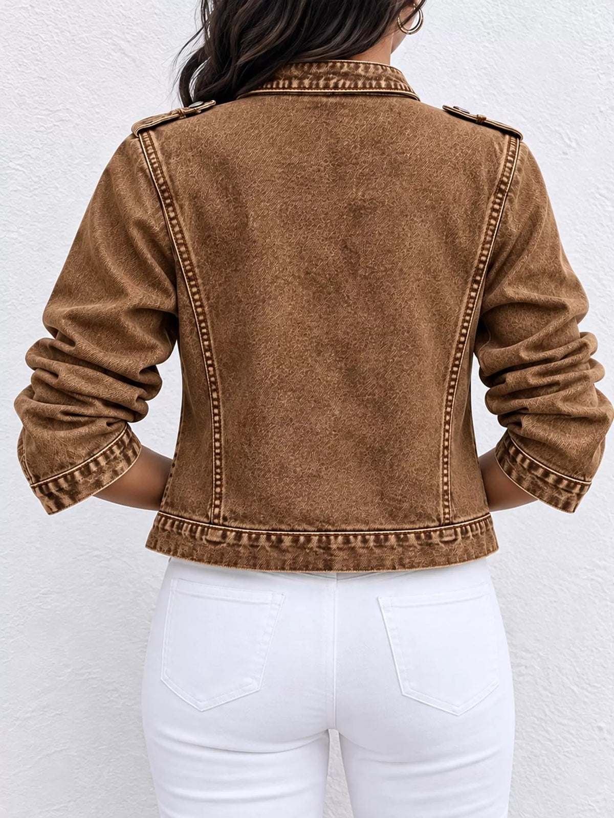 Decorative Button Cropped Denim Jacket — back view
