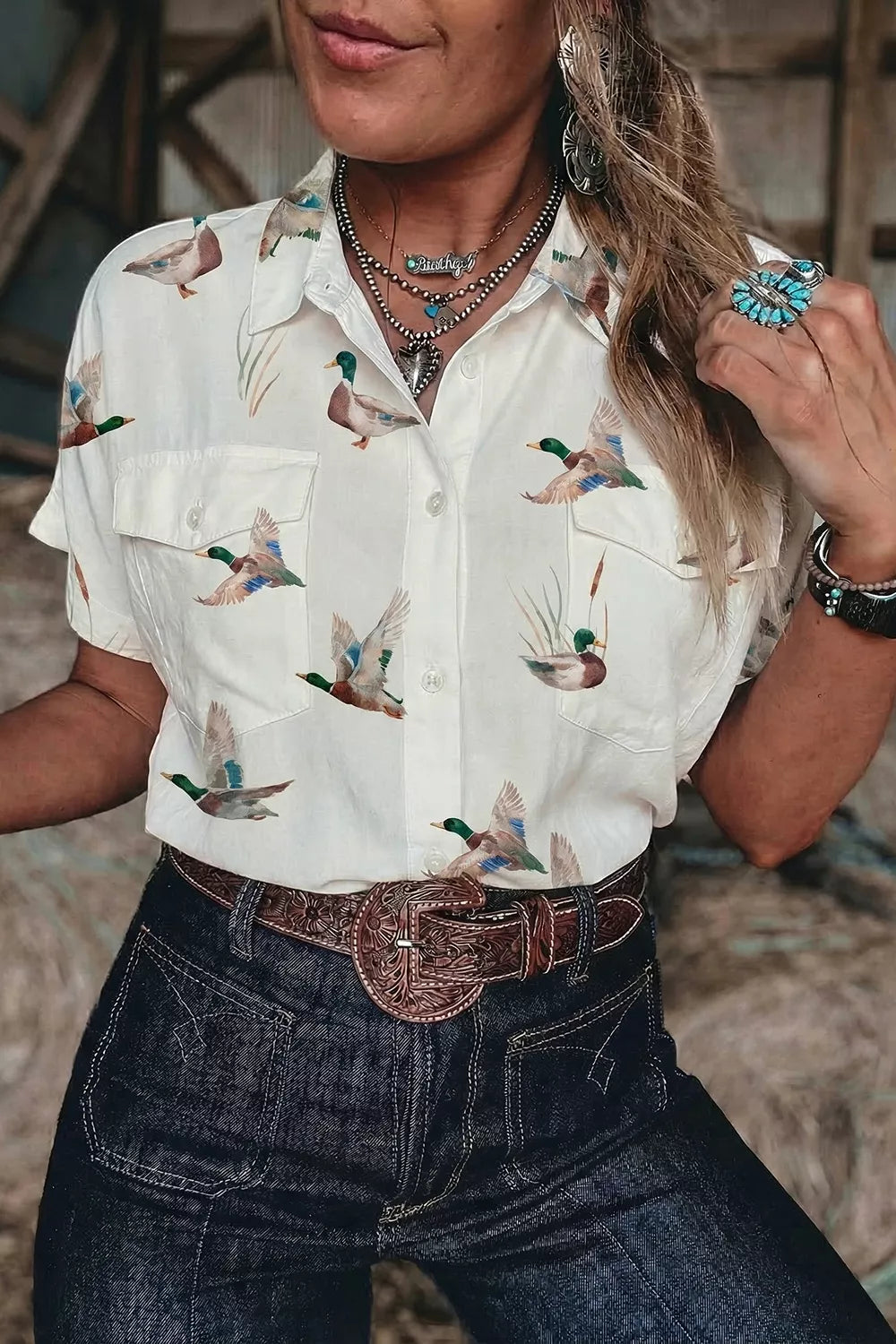 Trendsi Mallard Printed Button Flap Pocket Short Sleeve Shirt -