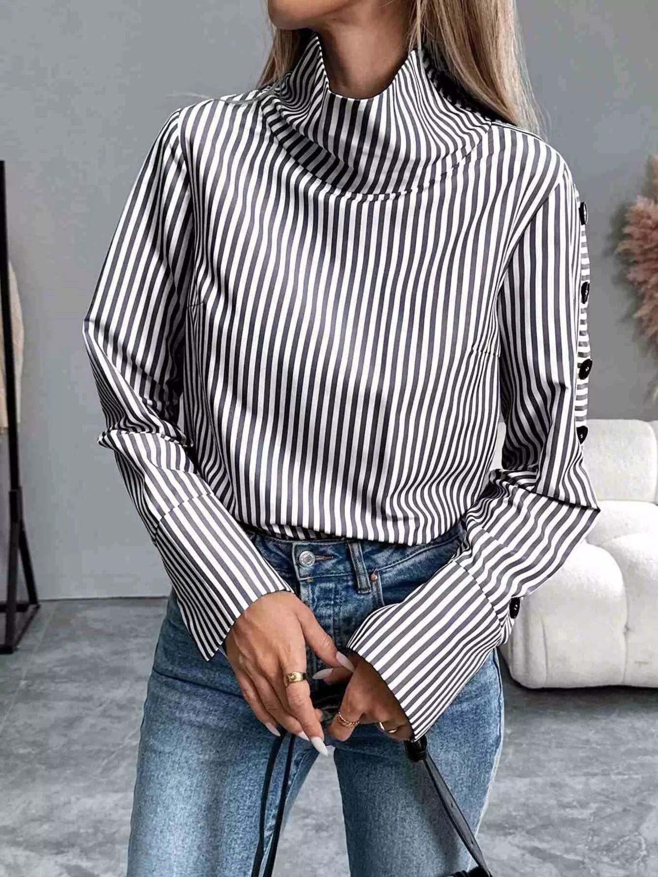 Trendsi Striped Turtleneck Long Sleeve Blouse -