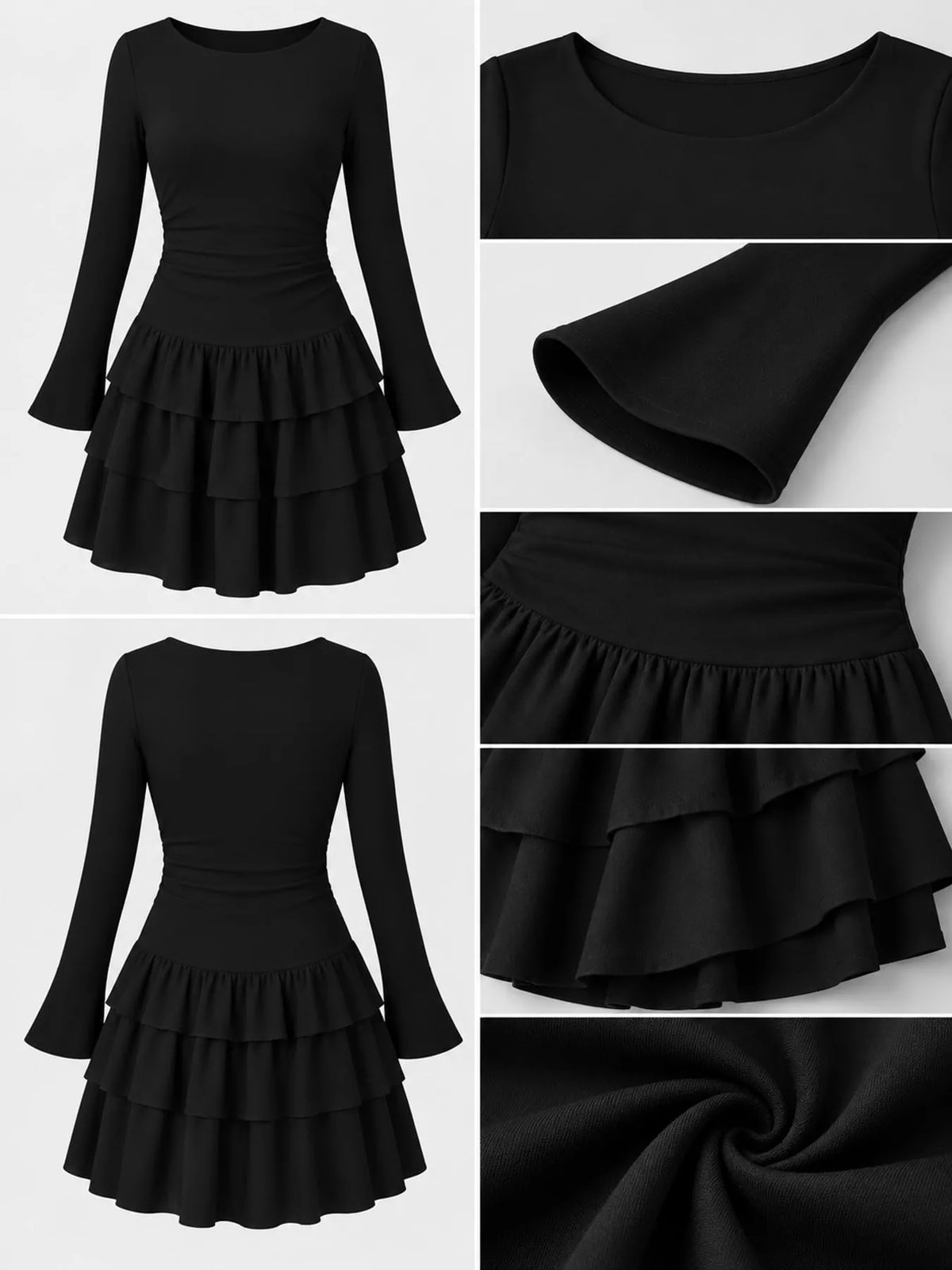 Black layered ruffle mini dress, front, back, bell sleeve, and ruffle tiers