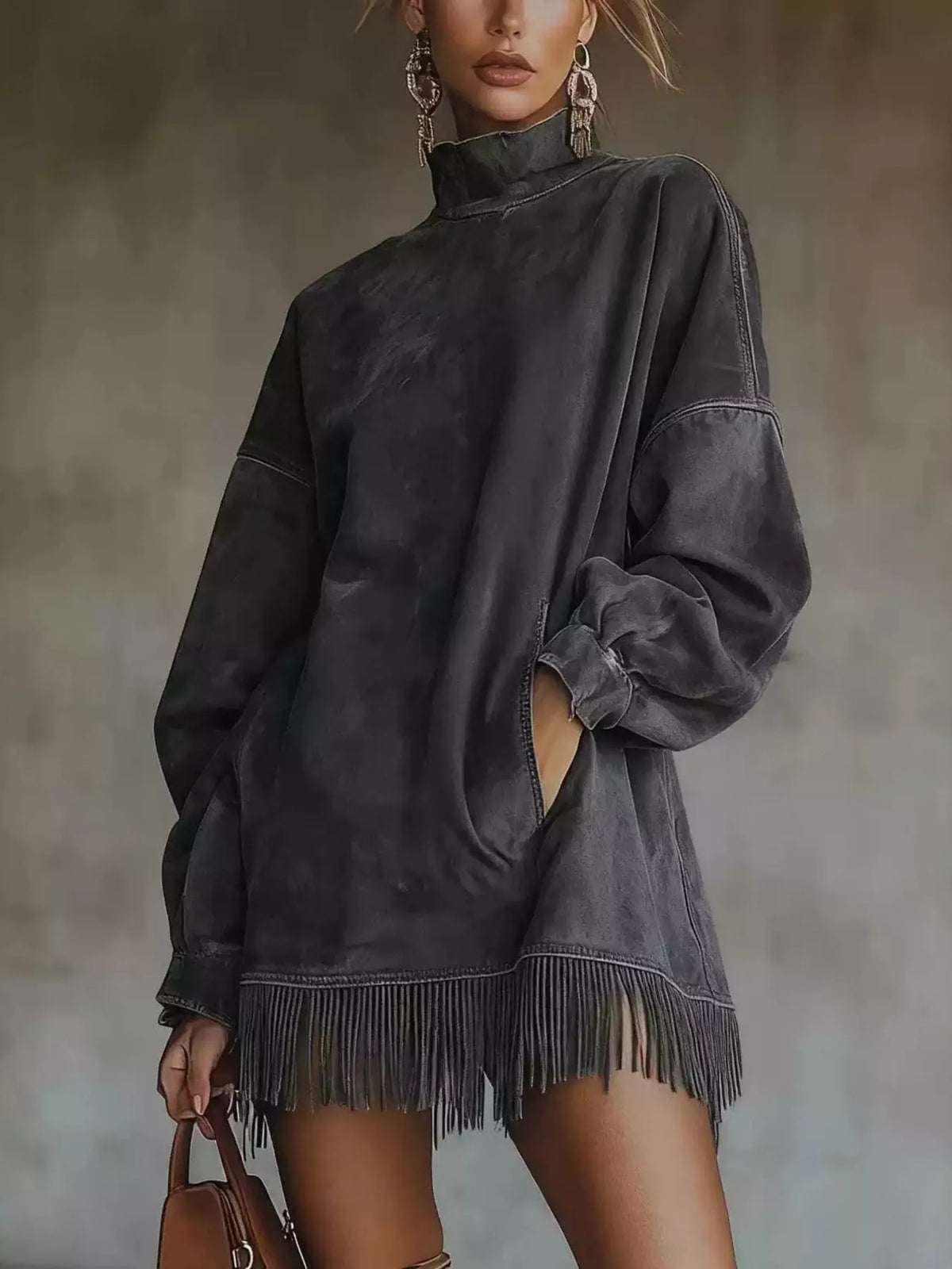 Trendsi Full Size Mock Neck Fringed Hem Long Sleeve Mini Dress Plus Size -