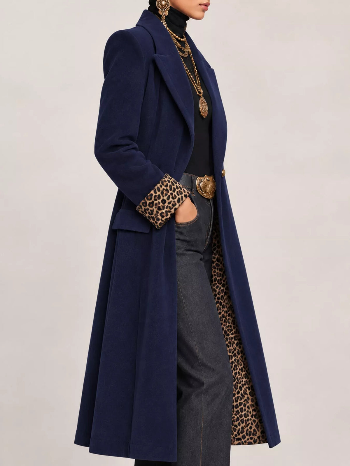 Blue-Woolen Version button up longline coat