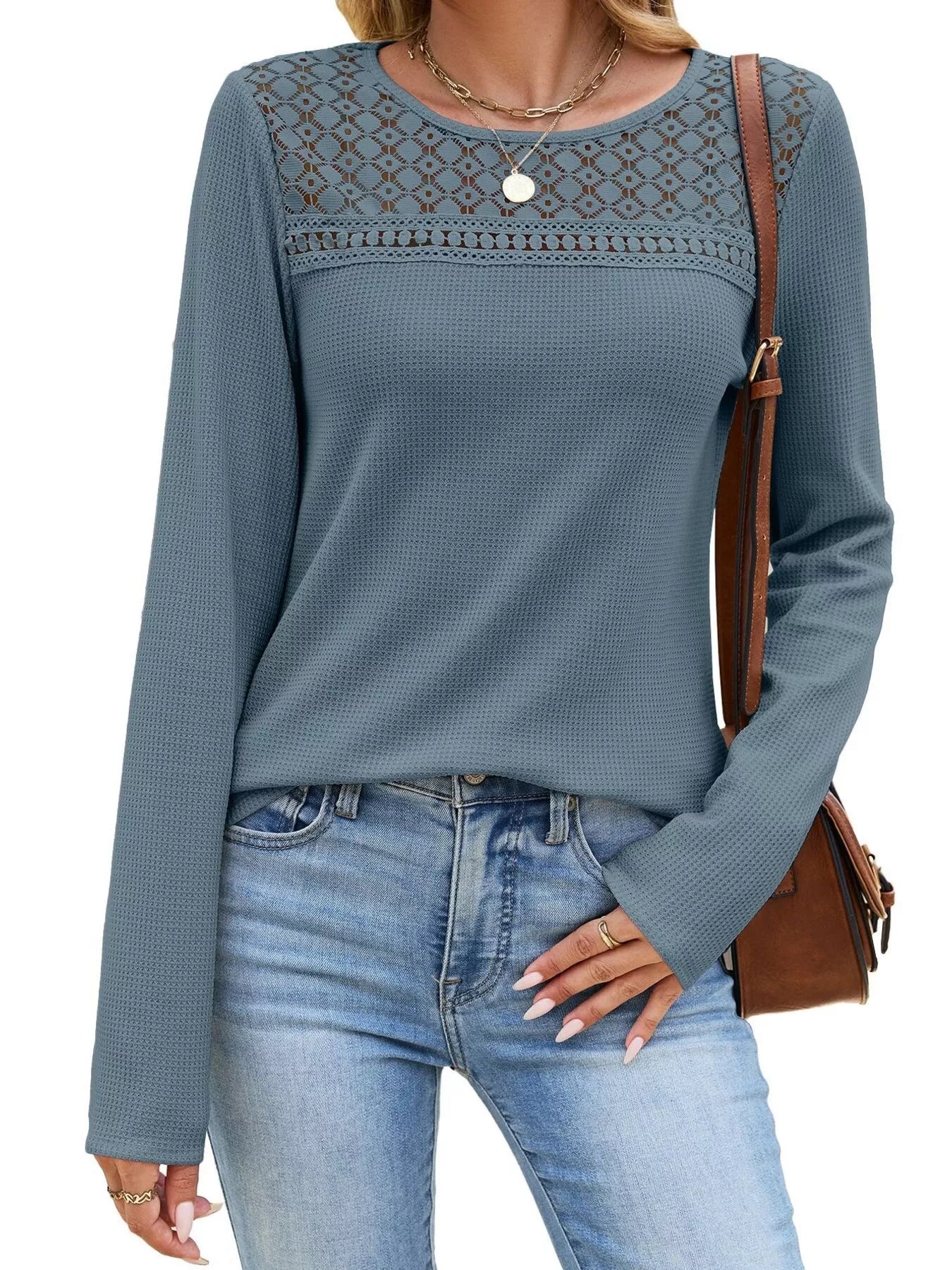 Trendsi Lace Panel Waffle Knit Long Sleeve T-Shirt -