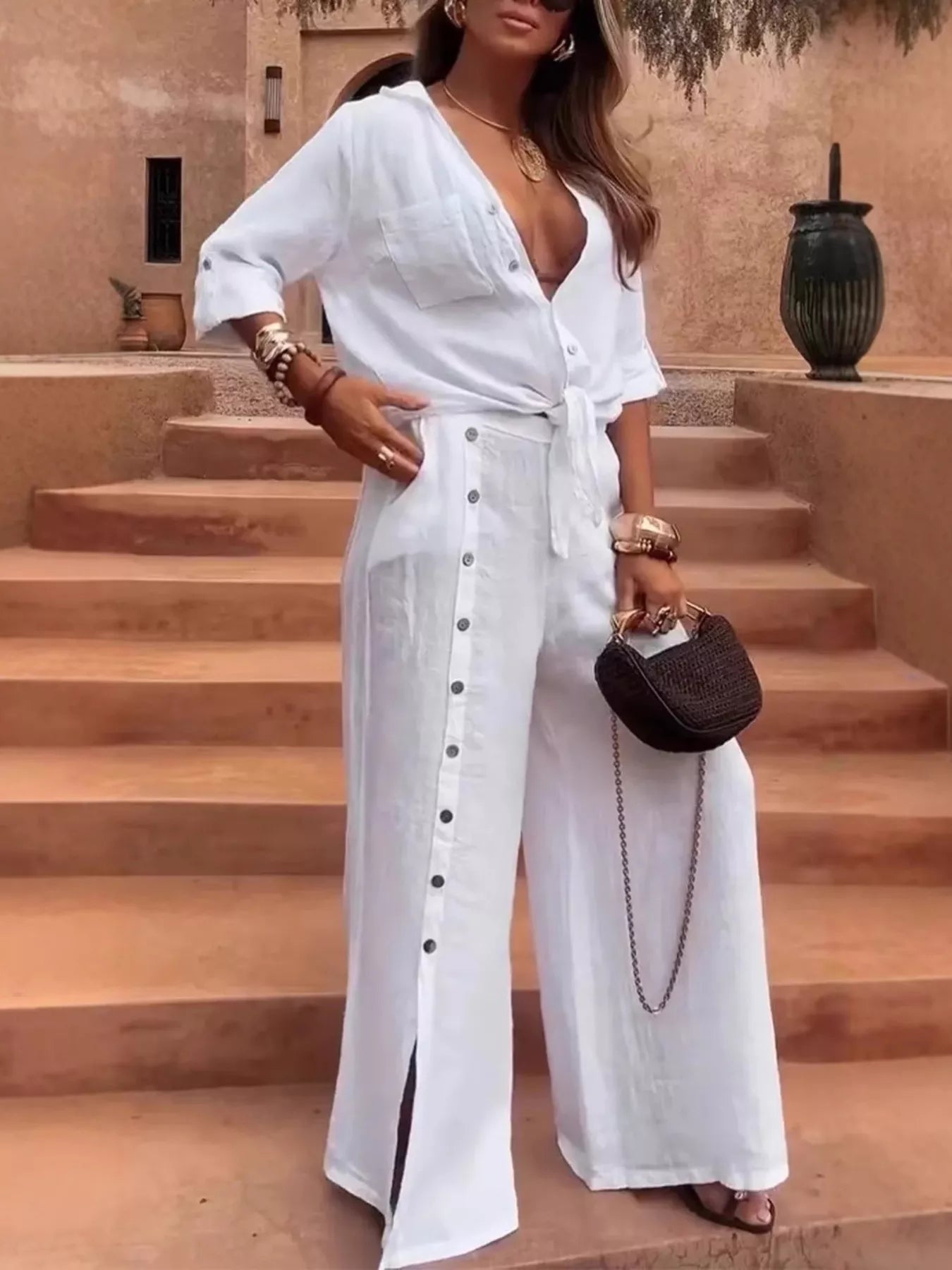 Trendsi Full Size Tie-Front Shirt and Button-Down Wide-Leg Pants Set Plus Size -