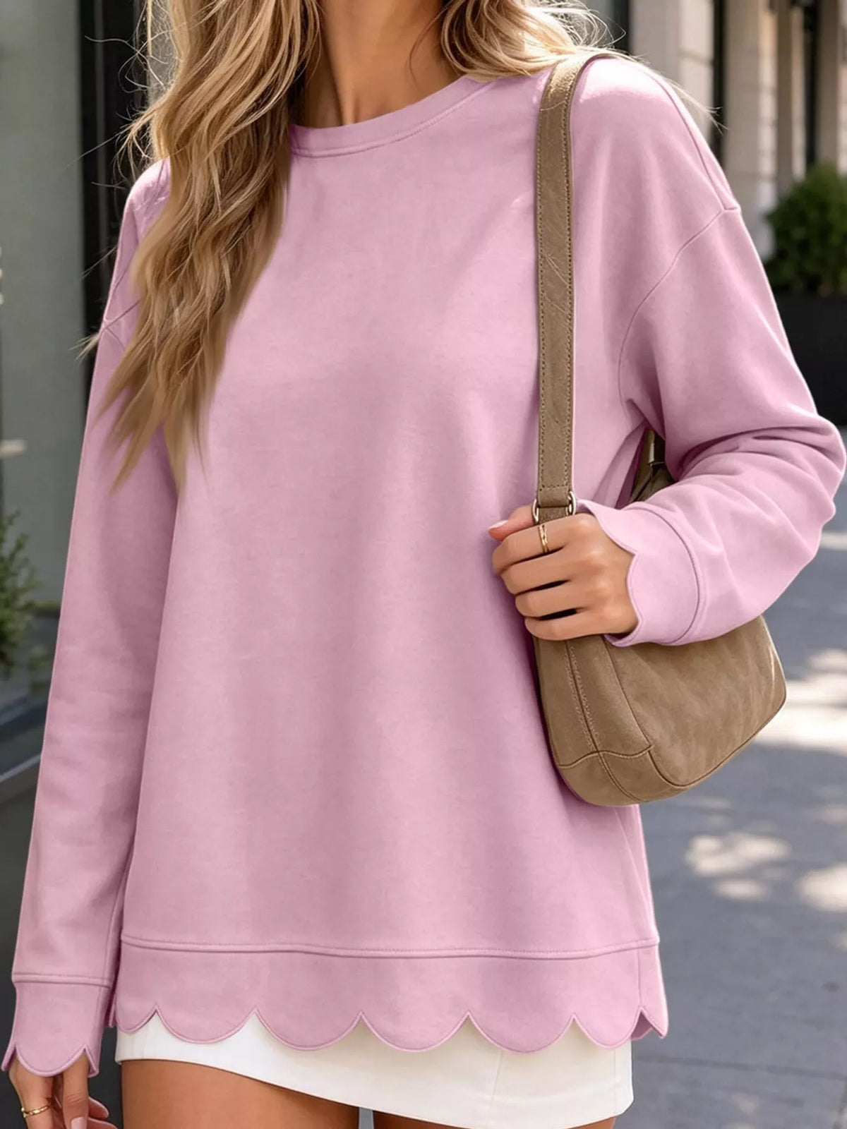 Pink Purple scalloped hem crewneck sweatshirt