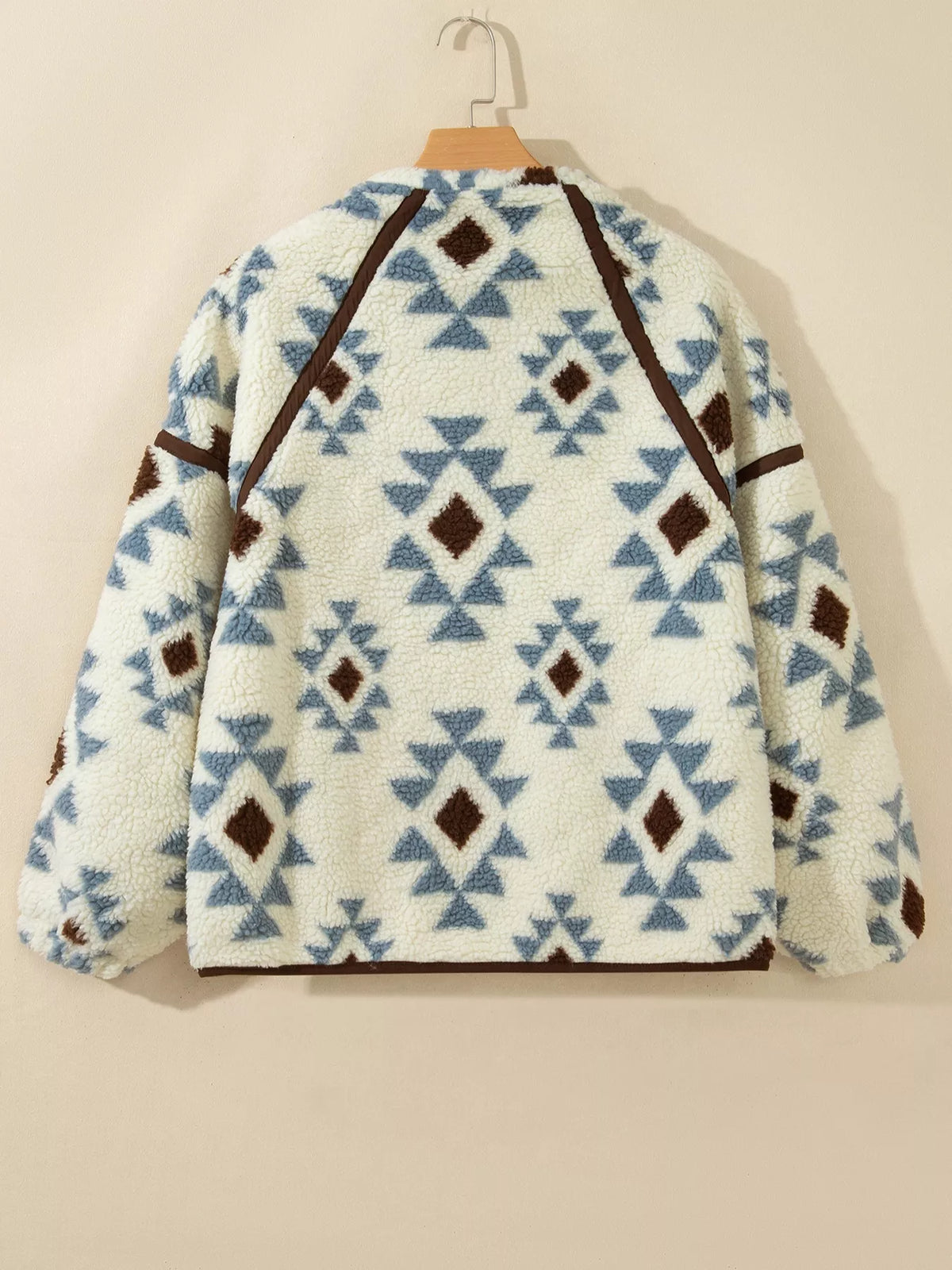 Cream blue and brown geometric print sherpa sweatshirt, back product view