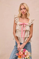 Trendsi BiBi Floral Printed Woven Front Bow Tied Ruffled Square Neck Sleeveless Top -