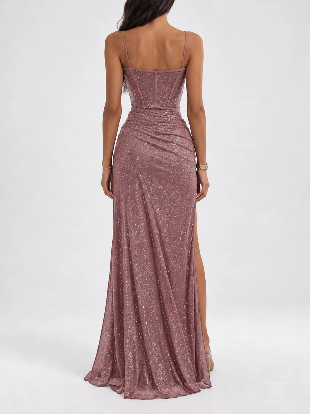 Pink high-slit glitter maxi evening dress — back view