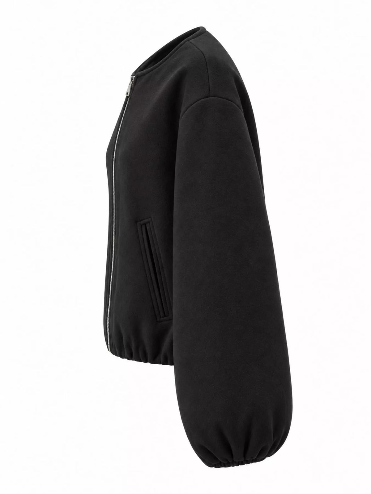 Black zip-up long sleeve jacket — side view