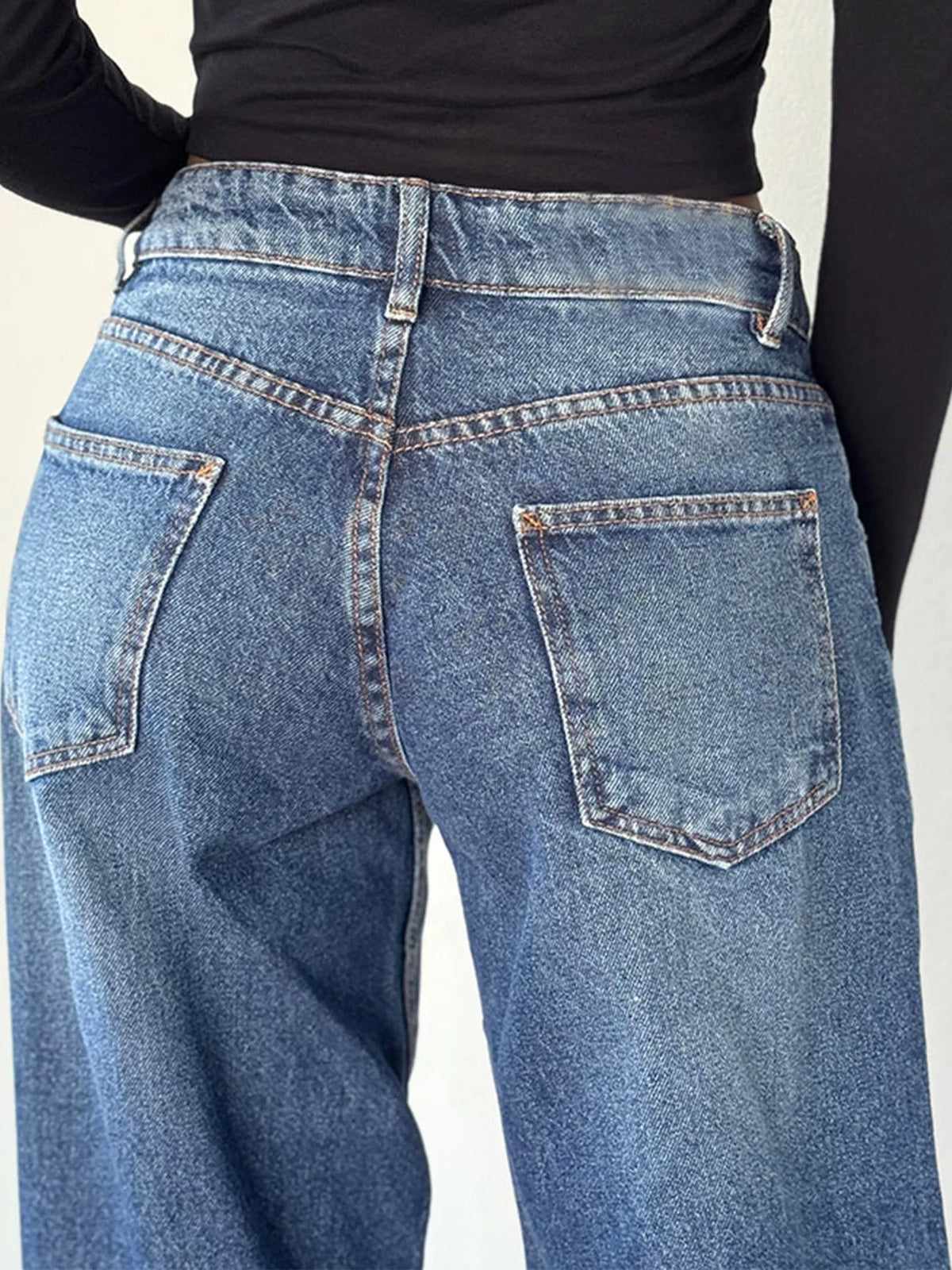 Wide-Leg Vintage Wash Jeans in blue, construction detail