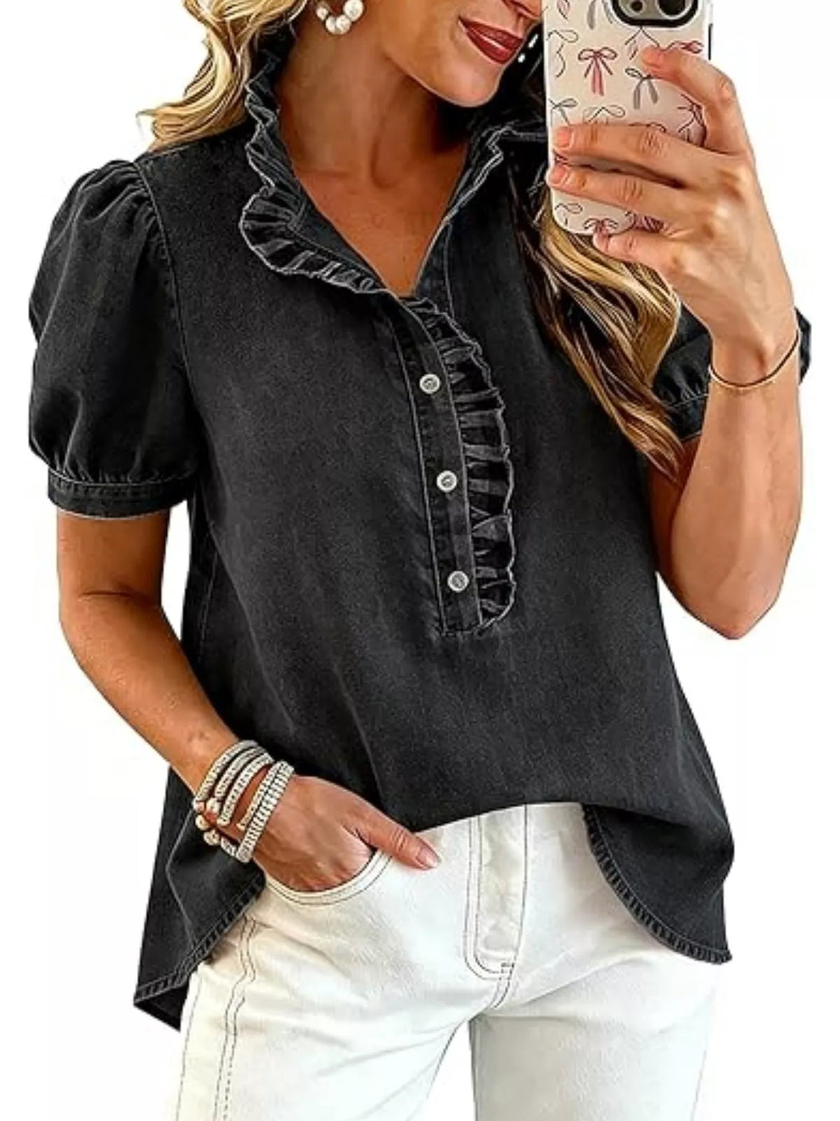 Trendsi Frill Puff Sleeve Denim Top -