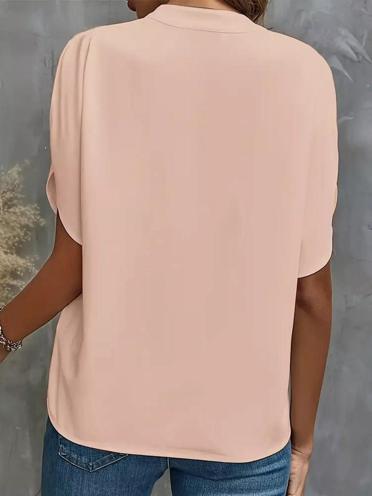 Women's Notched Slit Short Sleeve Blouse in peach — back view