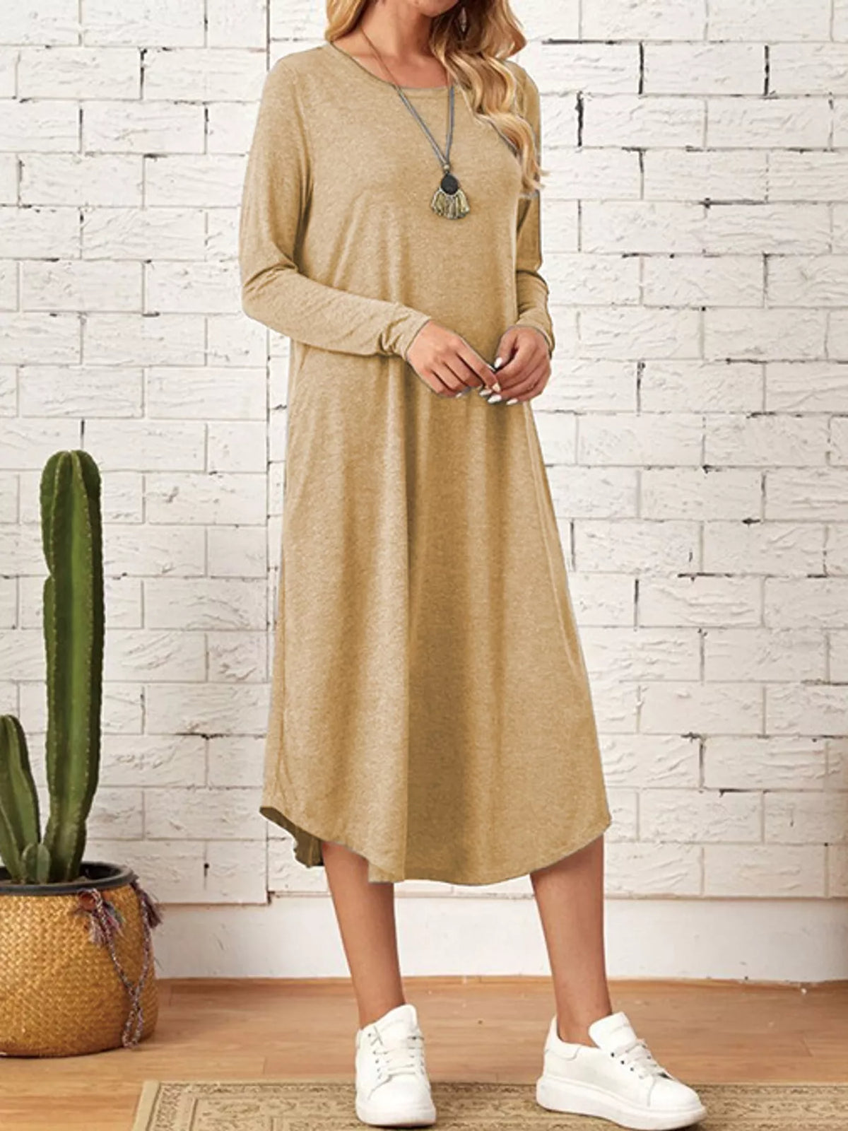 Round neck long sleeve midi dress, front view on model