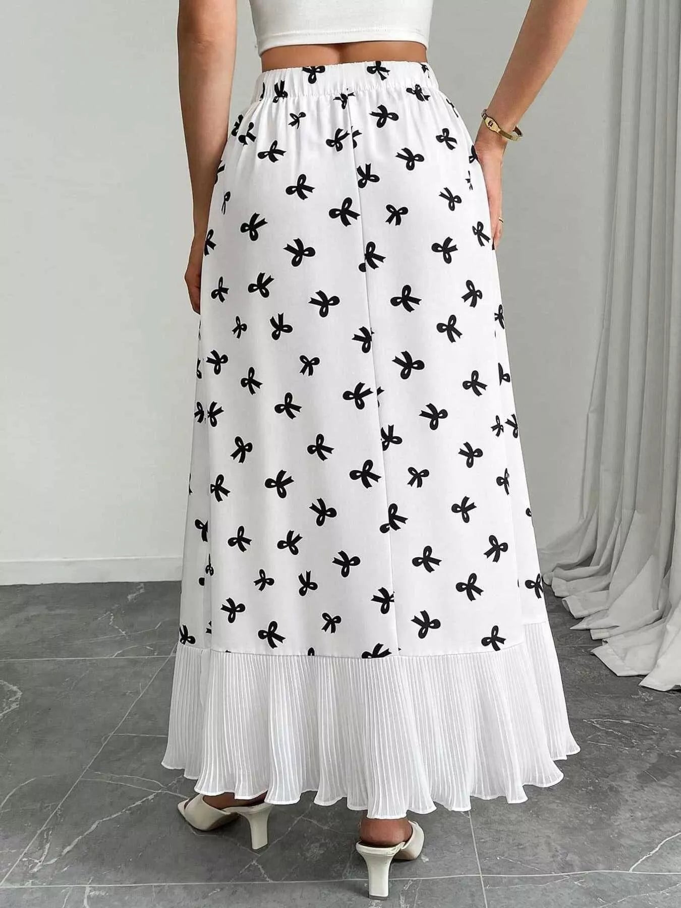 Trendsi Bow Print Ruffle Hem Flowy Maxi Skirt -