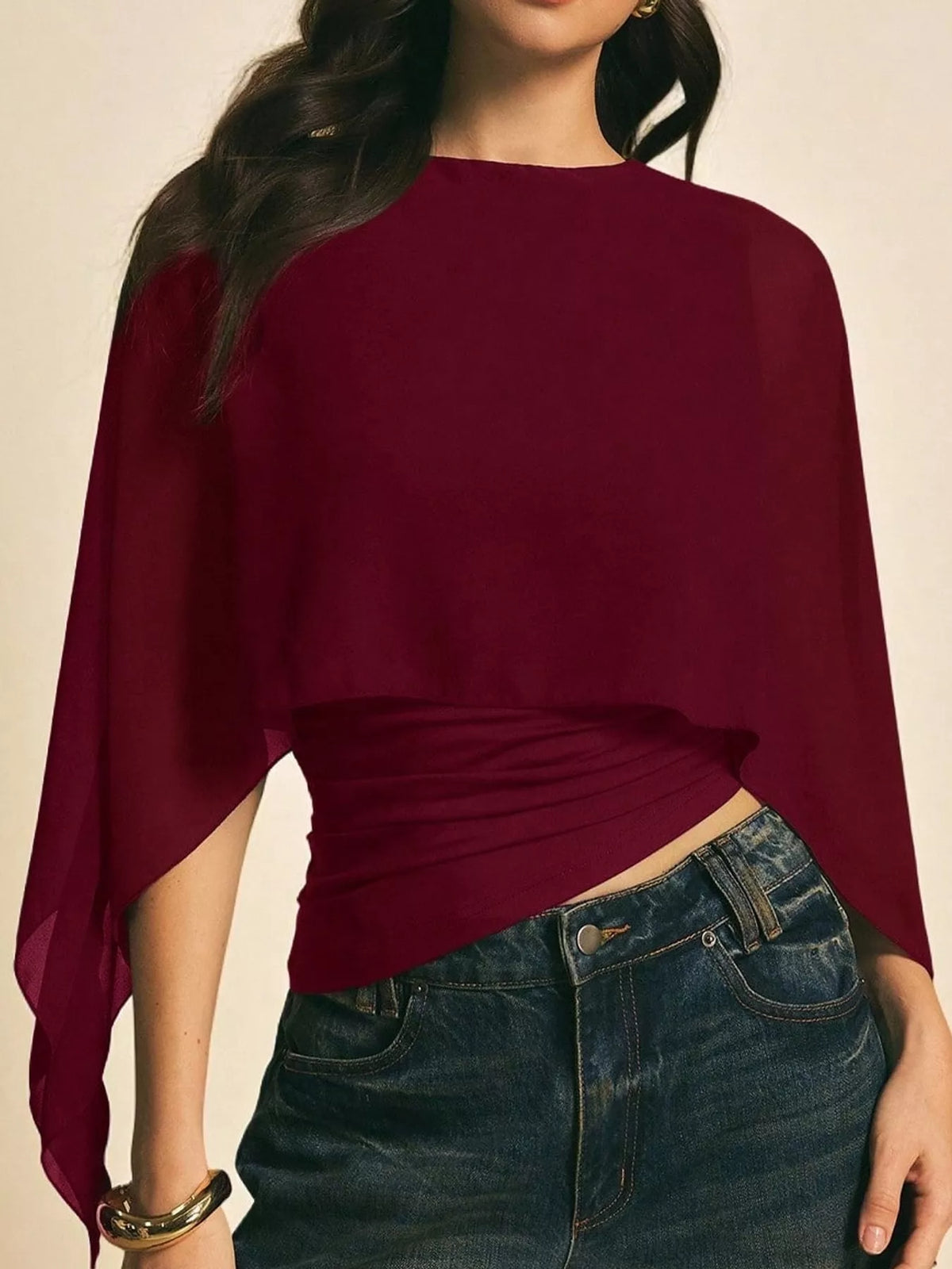 Burgundy cape sleeve round neck blouse