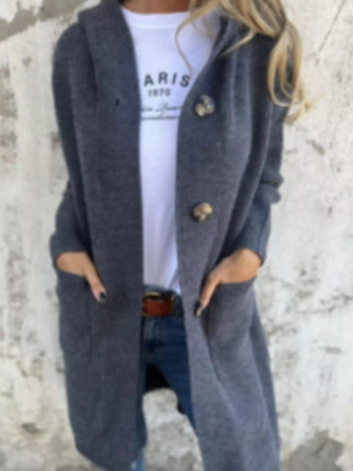 Women's Button-Down Hooded Cardigan in Light Gray, front view