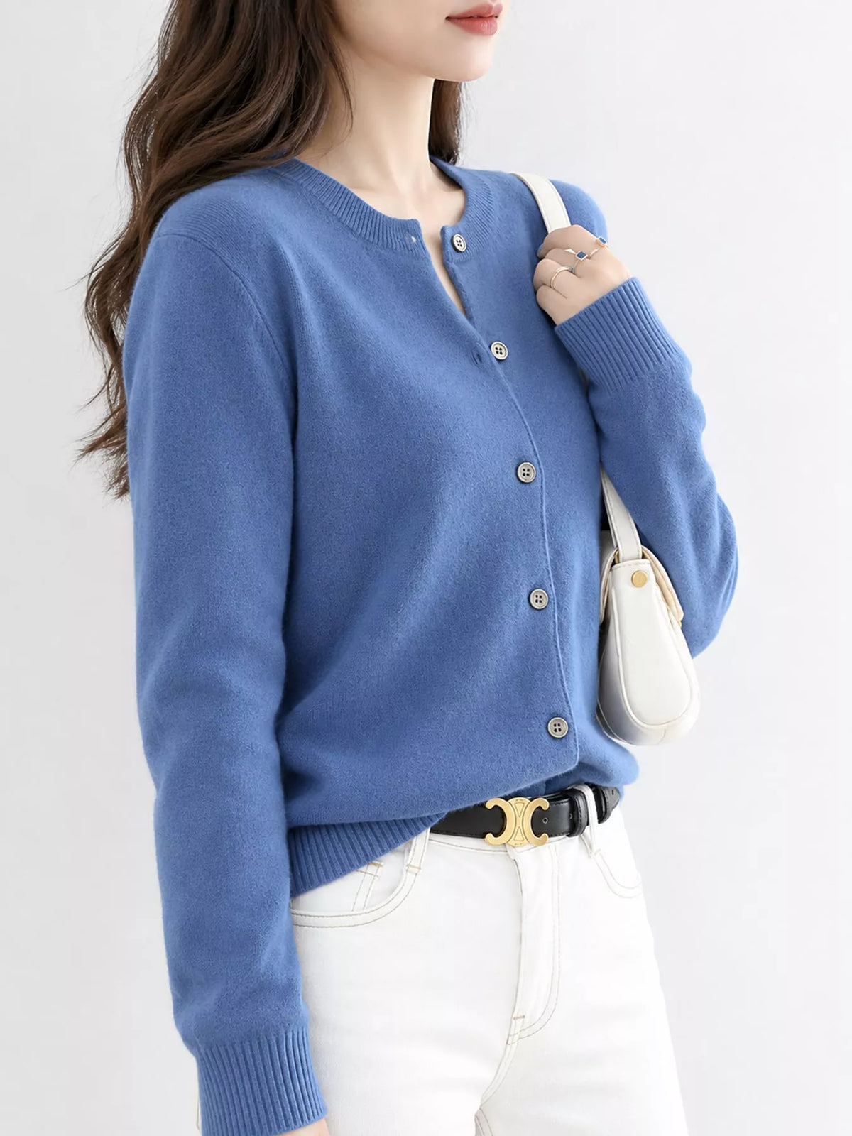 Button-down cardigan, blue side