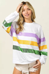 Trendsi BiBi Sequin Mardi Gras Striped Round Neck Sweatshirt -