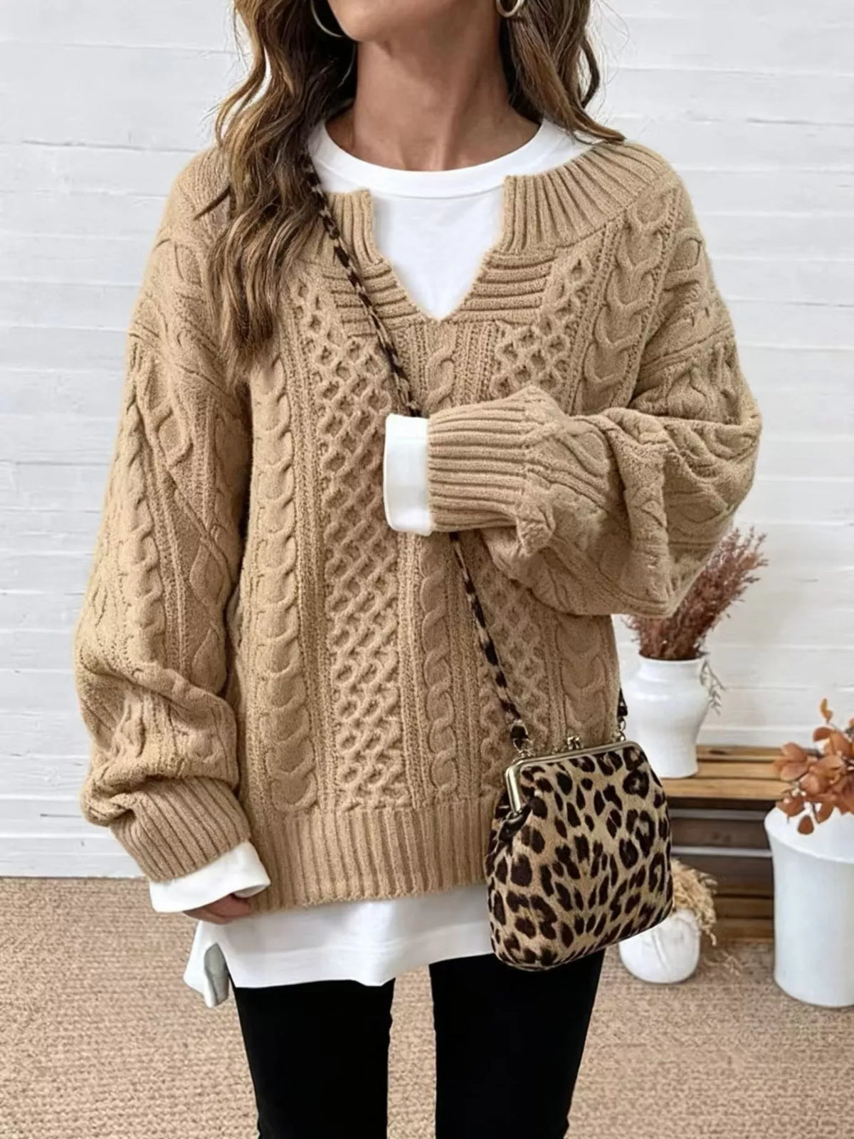 Khaki Color Cable Knit Dropped Shoulder Sweater front view