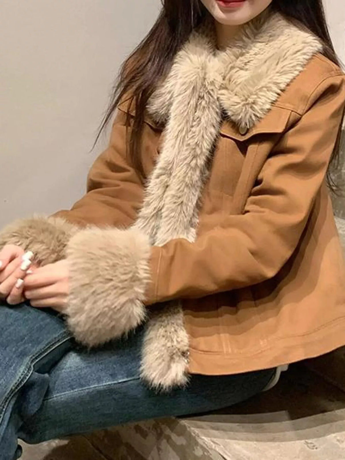 Brown-Thickened Cotton-Padded Lining detachable faux fur collar and cuffs jacket
